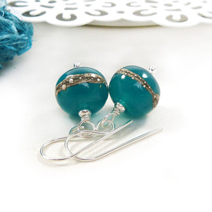 Teal lampwork glass bead and silver drop earrings