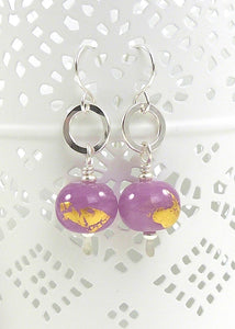 Heather Purple and gold leaf lampork glass bead and sterling silver drop earrings