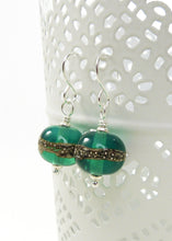Dark mint green glass bead and silver drop earrings