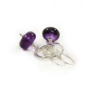 Purple glass bead and silver circle drop earrings