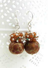 Copper Speckled Lampwork Glass Bead and Gemstone Drop Earrings