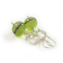 Lime green glass bead and silver circle drop earrings