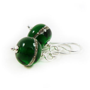 Forest Green Lampwork Glass and Sterling Silver Drop Earrings
