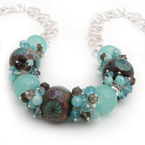 Mint Green and Brown Lampwork Glass, Gemstone Bead and Sterling Silver Necklace