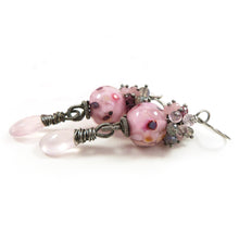 Pink lampwork glass bead, sterling silver and gemstone earrings