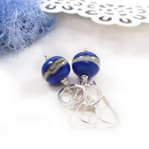 China Blue Lampwork glass bead and silver circle drop earrings