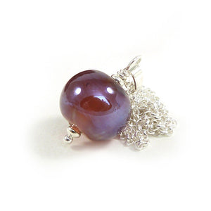 Raspberry Iridescent Lampwork Glass Bead Pendant and sterling silver chain