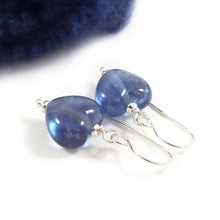 Indigo blue lampwork glass heart drop earrings