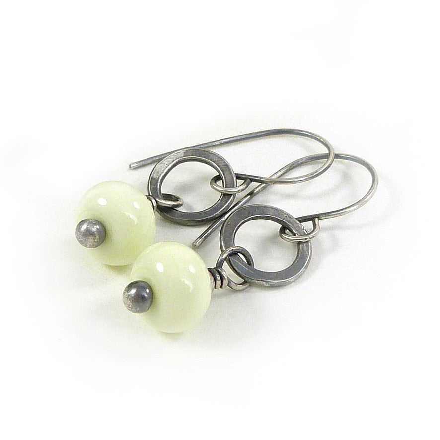 Pale yellow lampwork glass and sterling silver drop earrings