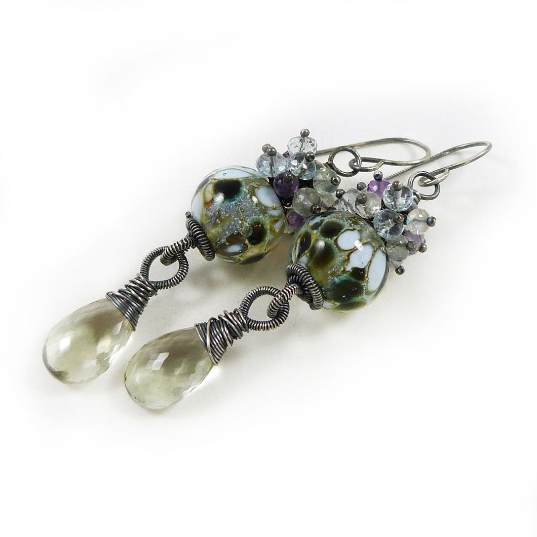 Ethereal Lampwork Glass, Silver and Gemstone Dangle Earrings ~ Fairy Wings ~