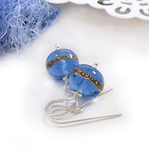 Blue glass bead and silver drop earrings