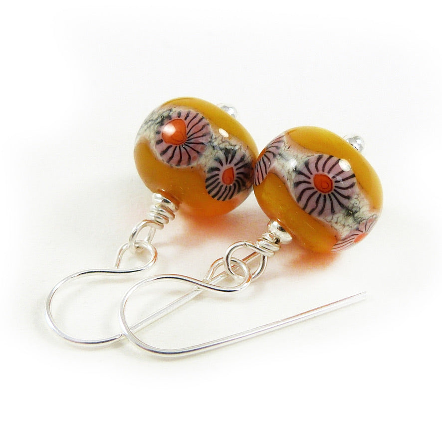 yellow murrini glass bead and silver drop earrings