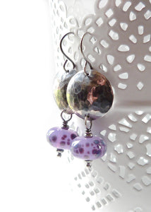 Purple Speckled Bead and Hammered Silver Disc Drop Earrings