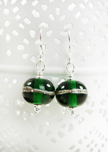 Forest Green Lampwork Glass and Sterling Silver Drop Earrings