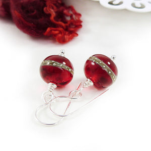 Red glass bead and silver drop earrings