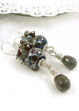  Grey-brown lampwork, gemstone bead and sterling silver long drop earrings