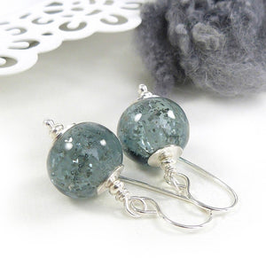 Blue-grey lampwork glass bead and silver drop earrings