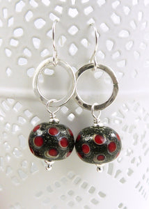 Red dot lampwork glass bead and silver drop earrings