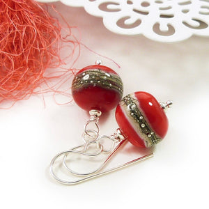 Tomato red lampwork glass bead and silver drop earrings