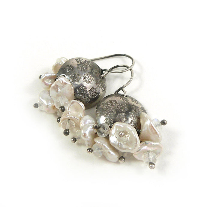 Oxidised silver snowflake disc, cream pearl and rainbow moonstone handmade drop earrings