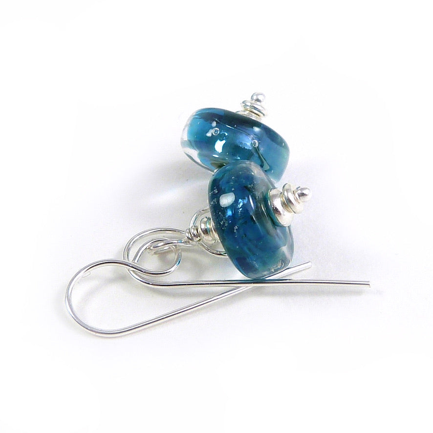 Teal lampwork glass bead and sterling silver drop earrings