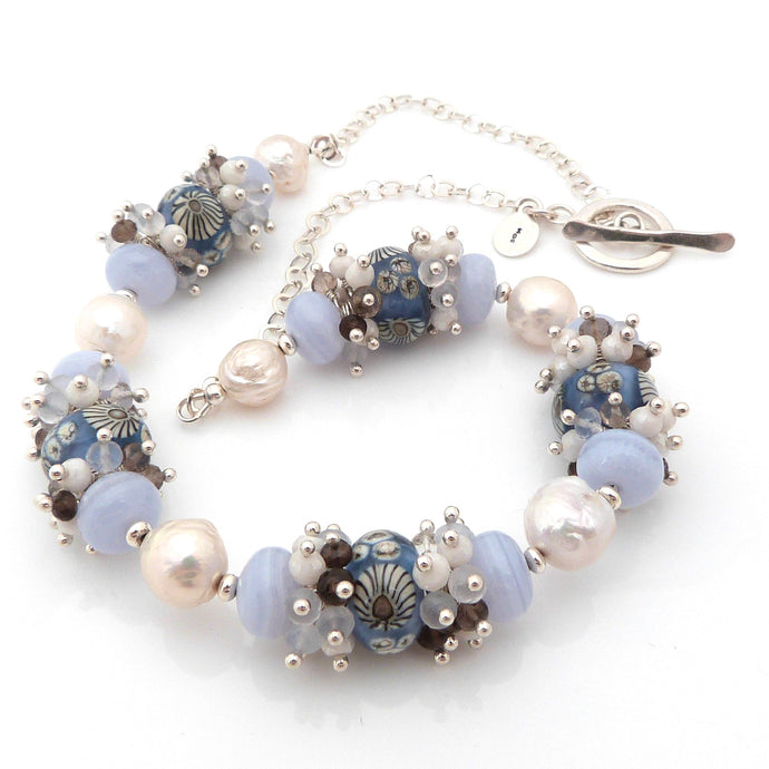 Blue and Cream Lampwork Glass, Gemstone, Silver and Pearl Necklace ~ Seaside ~